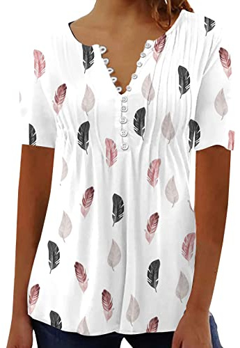 2024 Camiseta de Manga Corta Mujer Moda impresión Camisa Verano Suelto Cuello en V Botones Túnica Tops Elegante Casual Fiesta T-Shirt Original Basic tee Camisetas Blusa Talla Grande