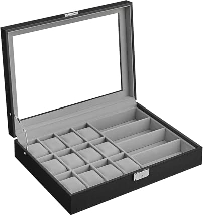 SONGMICS Uhrenbox, abschließbarer Uhrenkasten, Uhrenkoffer, Organizer für Uhren, mit 16 Fächern, Glasdeckel, Geschenk für die Liebsten, PU-Bezug in Schwarz, Samtfutter in Taubengrau JWB112G01