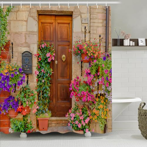 Simpomsy Garden Shower Curtain, Outdoor Shower Curtain Garden Decoration Flower Countryside Scenery Waterproof Bathroom Curtain with 12 Hooks 200x180cm