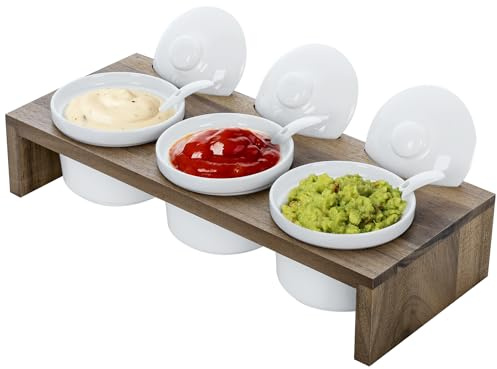 MyGift 10 Pcs Condiment Pot Serving Dish Set, Hosting Essentials, Premium Acacia Solid Wood Raised Display Server Tray and 3 Ceramic Ramekin Dip Bowls with Lids and Spoons
