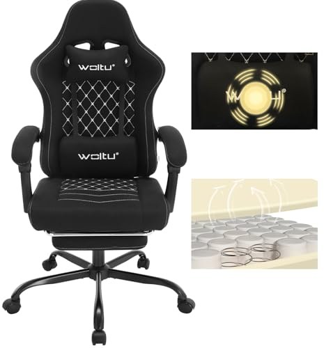 WOLTU Sedia Gaming con Massaggio, Sedia da Ufficio Ergonomica Girevole Ampia Imbottita per Computer con Cuscino Lombare Massaggiante, Carico 150 Kg, Tessuto a rete, Nero+Bianco