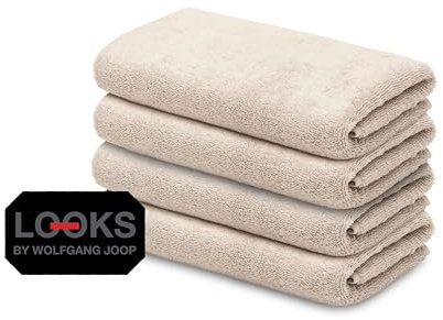 LOOKS BY WOLFGANG JOOP 4X Gästehandtuch 30x50 cm – 100% Baumwolle Luxus Gästehandtücher mit Aufhänger & Logostick, 4er Set Gästetuch beige
