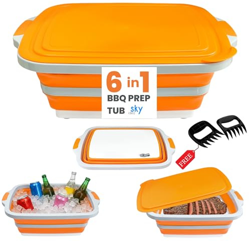 SKYIDEA Collapsible BBQ Prep Tub with Lid - XL 4.22 GAL Folding Cutting Board & Food Basin for Outdoor Cooking, Marinating Container, Space Saving Prep Station