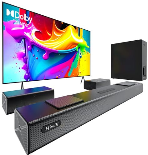 Hiwill 5.1.2CH Dolby Atmos Soundbar, Sound Bar for TV with 6.5 Wireless Subwoofer, Home Theater Surround Sound System for TV, 2 Up-firing & 2 Rear Drivers, 2 Side-firing Tweeters, Nimbus A512