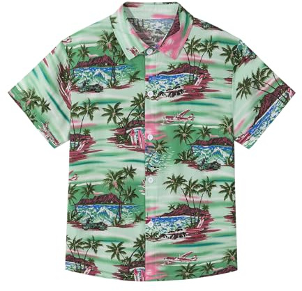 Miyanuby - Camisas hawaianas para niños, de manga corta, con botones, para verano, con estampado tropical floral de palmeras, para trajes de playa y vacaciones, 13-14 años