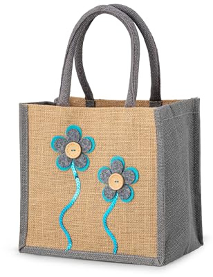 Jute Hessian Lunch Gift Bag - Flower Design (Grey)