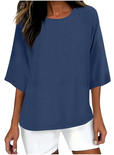 Maglia a Maniche Tre Quarti Cotone Donna Elegante Curvy Maglietta Cotone e Lino Magliette con Colletto a Girocollo in Tinta Unita Leggera e Comoda per L'Estate Maglietta da Donna alla Moda da Spiaggia
