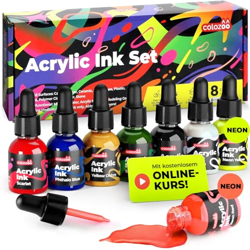 Colozoo Set di Inchiostri Acrilici 8x20ml, permanenti e impermeabili, 6 colori primari e 2 neon, pittura liquida per aerografo, pouring, medium acrilico, per tutte le superfici