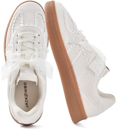 JACKSHIBO Women's Ribbon Lace-Up Fashion Sneakers Classic Retro Gum Sole Non Slip Tennis Walking Shoes Arch Support Orthopedic Low Top Lace Casual Skate Shoes with Memory Foam Natural Size 7.5