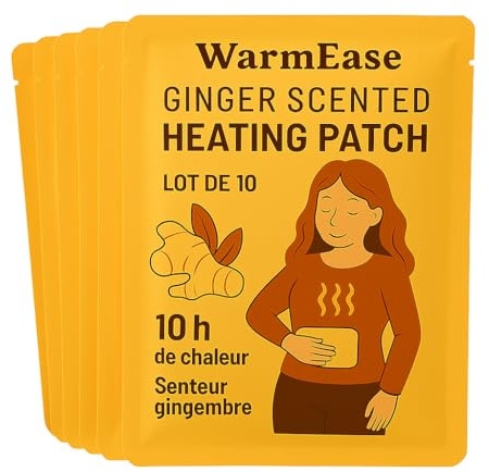 WarmEase Parches Térmicos Menstruales Mujer – Pack de 10 – 10h Calor – Aroma a Jengibre – Alivio Cólicos – Compresa Abdominal – 52°C – Desechable (30 unidades)