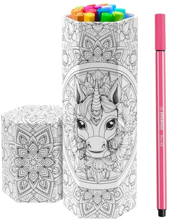 STABILO Pen 68 filtpennor, premium filtpennset, 15 färger, vattenfärgningsbar, från 3 år, kartong, 1 mm spets, uttorkningsskydd, 15 stycken, enhörning och drake design