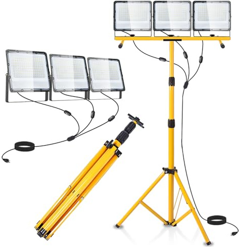45000 Lumen LED Work Lights with Stand - 3 Head Portable Work Light on Stand - IP65 Waterproof Tripod Work Lights for Outdoor Indoor Job Site Workshop Garage Construction Site Lighting