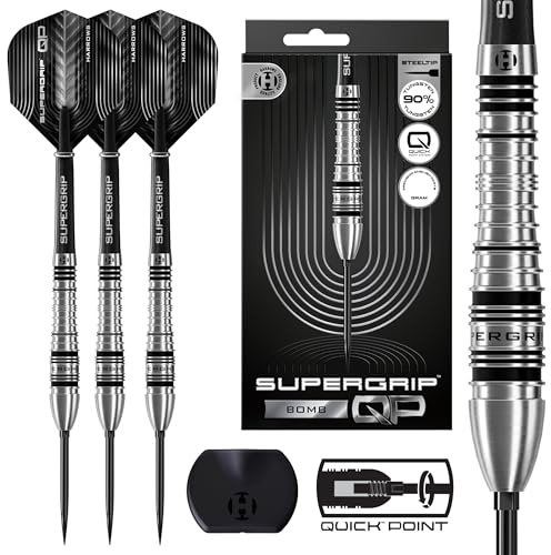 Harrows SuperGrip QP Bomb 90% Tungsten Darts | Steel Tip Darts Set with Quick Point Change System | Available in 23g and 25g| Includes Supergrip Shafts & 100 Micron Flights