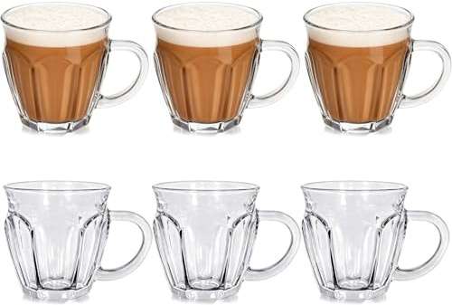 Glass Coffee Mugs Set of 6, Coffee Cups 215ml with Handle, Perfect for Hot Cold Drinks, Latte, Cappuccino, Tea, Juice, Beer, Transparent Glass Drinkware