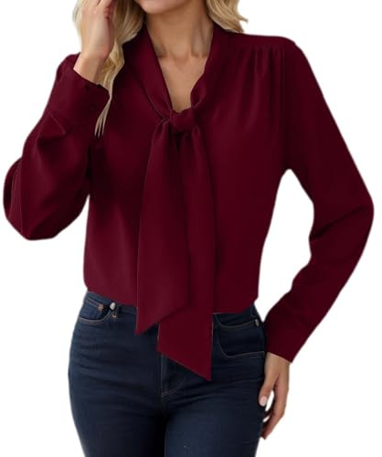 Generisch Chemisier élégant en satin pour femme - Col en V - Décontracté - Tunique - Avec nœud papillon - Chemise à manches longues - Pour le travail, O rouge., S
