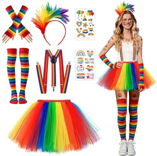 MINUBIN Costume Carnevale Donna Arcobaleno, Gonna Tulle Arcobaleno con Fascia di Piume, Bretelle, Guanti, Calzini, Costumi Accessori Set per Feste a Carnaval