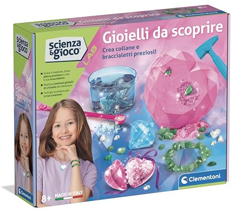 Clementoni Scienza e Gioco Lab - Gioielli da Scoprire, Gioco Scientifico 8+ Anni, Kit Scavo Gemme e Cristalli Luminosi, Crea Braccialetti e Collane, Made in Italy, Lingua Italiana, 19452