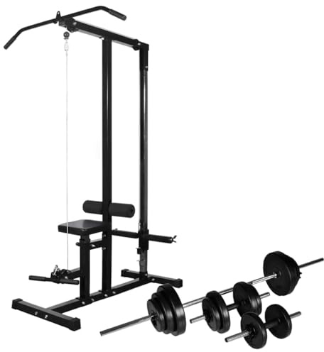 GeenYuu Fitness Station with Barbell and Dumbbell Set 30.5 kg Adjustable Power Station Cable Pull Multi Station with Pull-Up Bar for Muscle Building and Strength Training Home Home Gym Full Body