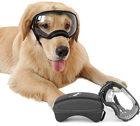 NAMSAN Dog Goggles UV Protection Sunglasses for Large Dogs, Eyes Protect Dog Safety Glasses with Adjustable Strap and Sponge Nose Pads, Black Frame + Clear Lens