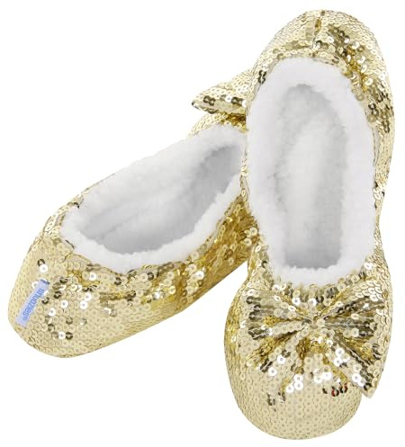 Gold Ballerina Bling Snoozies Large (UK 6 - 7) - Sherpa Fleece Slippers Cosy Foot Coverings, Gold, 7 UK