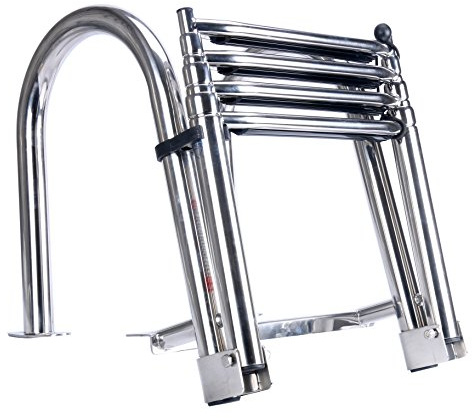 YaeMarine 4 Step Stainless Pontoon Boat Ladder Folding Docking Dock Swim Ladder Rear Entry with Pool Swim Upper Platform & Extra Wide Step