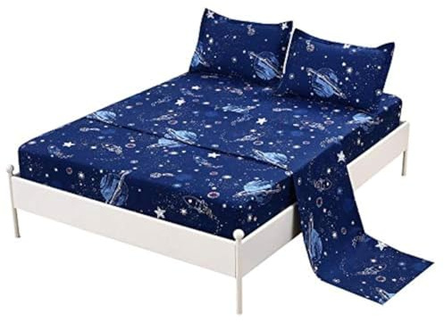 MAG 4 Pcs Bedding Set Space Sheets Galaxy Sheets Planets Stars Rockets Twin Sheet Set for Kids Teens and Space-Lovers, Super Soft Microfiber, Twin Size