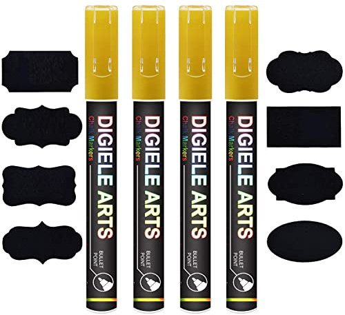 DIGIELE Pennarelli Gesso Liquido Oro, 4pcs Pennarello Oro 3mm e 16 Etichette Adesive Lavagna, Asciutto o Bagnato Cancellabili, Reversibile Punta Scalpello o Tonda per Lavagna, Finestra & Vetro