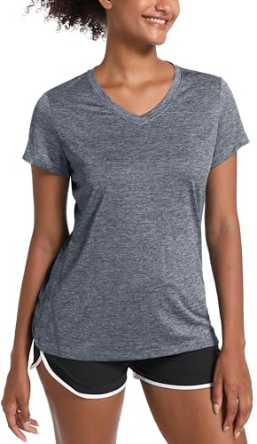 MAGCOMSEN Damen Fitness Shirt Sportshirt Kurzarm T-Shirt Outdoor Laufshirt Leicht Trainingsshirt Regular Fit Jogging Shirts Atmungsaktiv Yoga Shirts Dunkelgrau M