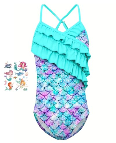Maillot de Bain 1 Piece pour Fille, Sirène Maillot Bain pour Enfants, Maillot Bain Plage Séchage Rapide, Maillot Bain Bikini Une Pièce à Volants, Swimwear avec Sirène Tatouage Autocollants