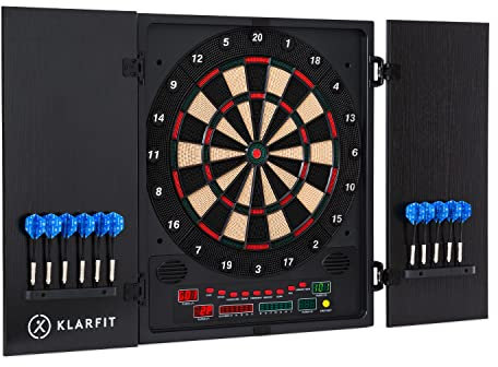 Klarfit Electronic Dart Board Set with Cabinet, LCD Electronic DartBoard Set w/ 12 Colourful Darts & Digital Scorer, Smart Electronic Darts Board & Cabinet for Adults & Kids, Electric Scoreboard