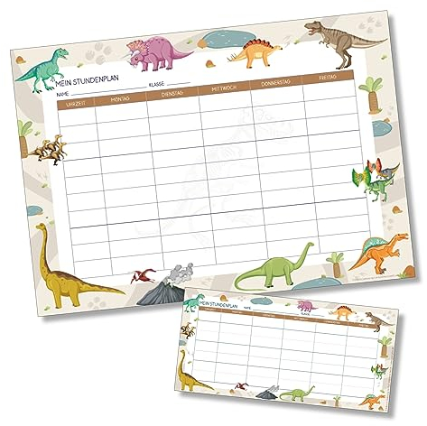 Stundenplan & Wochenplan | Stundenplan für Kinder in DIN A4 und Federmäppchengröße aus Papier | Set mit je 5 Stück | Schulplaner Wochenplaner | Geschenk Kinder Geburtstag Einschulung (Dinosaurier)