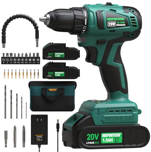 INSPIRITECH 20V Cordless Brushless Power Drill Set with 2 Batteries and Charger,3/8-Inch Chuck Electric Drill-Driver,22 Torque Setting,Drilling/Driver Bits and Tool Bag Included