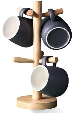 Nizirioo Support pour tasses en bois avec 6 crochets amovibles - Support pour tasses à café en bois pour comptoir