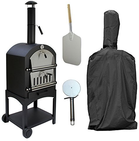 KuKoo Pizzaugn med Regnskydd och 30 cm Pizzaspade Utomhusugn Stenugnsbakning Pizzasten Pizzaskärare Rökning Grillning Pizza Stenugnsbakning Rökning Grillning 2 Hjul och Handtag Portabel Utomhusbruk