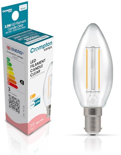 Crompton Lamps Filament Candle LED Light Bulb SBC-B15d | 2.2W = 25W Equivalent | Warm White 2700K | Energy Efficient | Small Bayonet Lightbulb | Long Life 15000-Hrs | Clear Glass