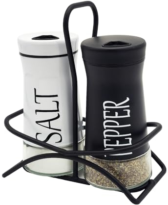 Pack of 2 Salt and Pepper Shaker Salt and Pepper Pots Salt and Pepper Set Salt Shaker Salt Pot Kitchen Accessories (Black & White, with Holder)