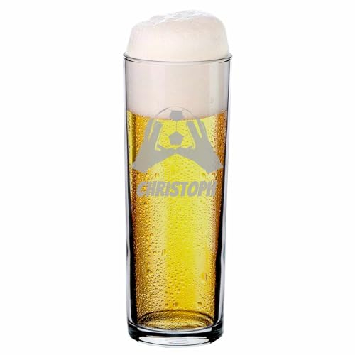 LUXENTU Kölschglas mit Gravur, Kölner Stange mit 0,2 Liter Eichung, Personalisierte Lasergravur mit Name, Geschenk für Fußball-Fans, Torwarthandschuhe