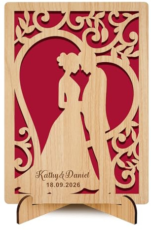 Personalised Wooden Wedding Card Gifts Mr and Mrs Gifts Anniversary Card with Any Name & Date Congratulations Wedding Day Greeting Cards for Bride Groom New Couple(Design 1)