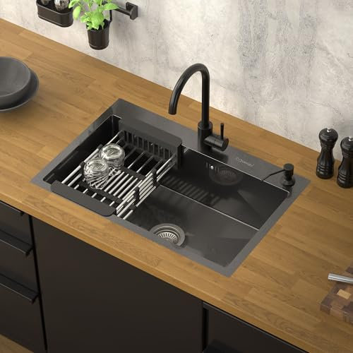ML-Design Lavello da Cucina 1 Vasca 68 x 45 cm Lavabo da Incasso in Acciaio Antracite Antiruggine con Dispenser per Sapone e Cestello Scolapiatti Lavandino con Strato Anti Condensazione
