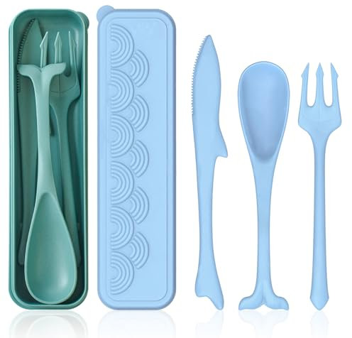 Loyzcy Set di posate da campeggio, posate in plastica, motivo oceano, portatile, con custodia, cucchiaio in plastica, coltello e forchetta, per picnic, contenitore per il pranzo con posate (2, blu,