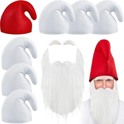 Jadive 7 Chapeaux Nains avec Barbe et Sourcils Bonnet de Nains Chapeaux de Gnome Adulte Costume de Groupe Amusant pour Carnaval Halloween Noël