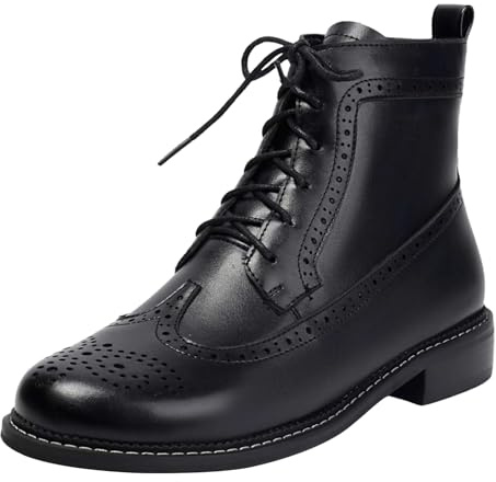 ANUFER Damen Wingtip Brogues Stiefeletten Seitlicher Reißverschluss Schnürung Retro Oxfords Anzugschuhe SN0703451 Schwarz EU39