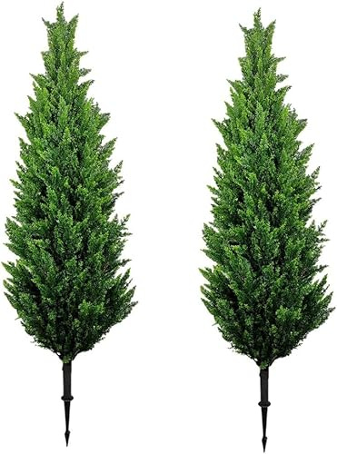 Artificial Cypress Tree with Ground Spikes, 40 Inch Outdoor Faux Fake Plants, UV Resistant Cedar Fake Conifer Tree, Indoor Outdoor Home Garden Porch Decoration (2 Pack)