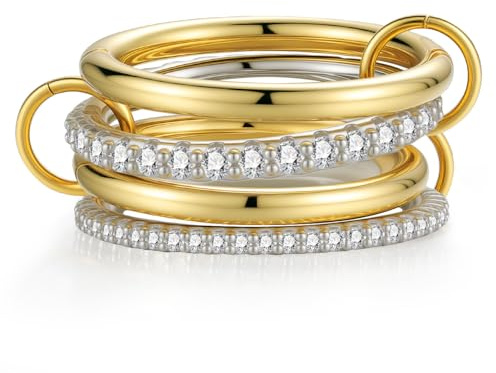 Emibele Stackable Rings for Women, Non Tarnish 14K Gold Plated Rings Stack, Interlocking Silver Gold Mixed Metal Statement Ring, Dainty Cubic Zirconia Stacking Bands Jewelry Gifts for Women, Size 8