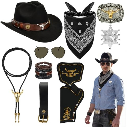 10Pcs Cowboy Accessories Set for Men, Western Fancy Dress Kit – Black Cowboy Hat, Bandana, Gun Holster, Sheriff Badge, Necklace, Buckle, Bracelet, Glasses, Belt for Halloween, Cosplay, Rodeo, Costume
