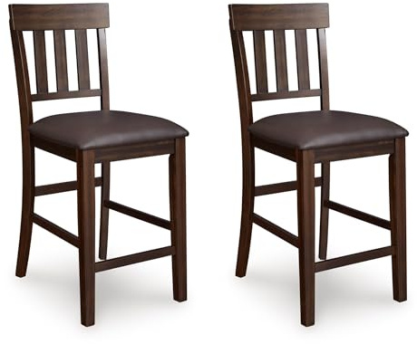 Signature Design by Ashley Haddigan Upholstered Barstool, 2 Count, Slat Back Design, Cushioned Seat, Wood, 25.5 H, Dark Brown