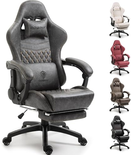 Dowinx Big & Tall Vintage Gaming Chair for Adults, 400 lb Capacity Heavy Duty Ergonomic Computer Chair with Massage Lumbar, Footrest & Easy Side Recline, Grey