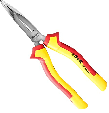 S&R VDE Flachrundzange gebogen 200 mm, mit Schneide, Spitzzange hitze- und induktionsgehärtet für professionellen Einsatz, Härte HRC 66, 2-Komponenten-Griffe mit Abrutschschutz, Storchschnabelzange