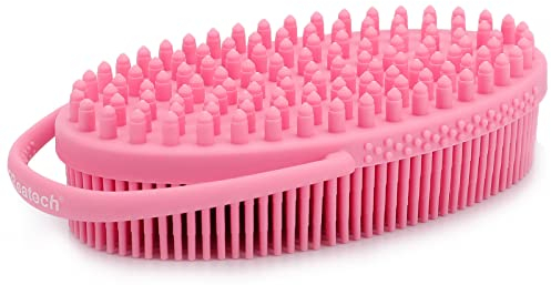 FREATECH Körperbürste mit Elastisch Gurt und 2-seitigen Silikonborsten Als Badebürste & Massagebürste, Duschbürste für Peeling und Cellulite Entfernen, Hygienischer & Langlebiger Als Luffa, Rosa