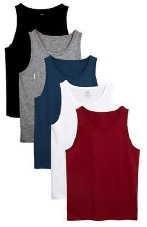 Mens Vest Tops Pack of 5 Sleeveless Tank Tops Fitted 100% Cotton (Mixed-Color, Medium)
